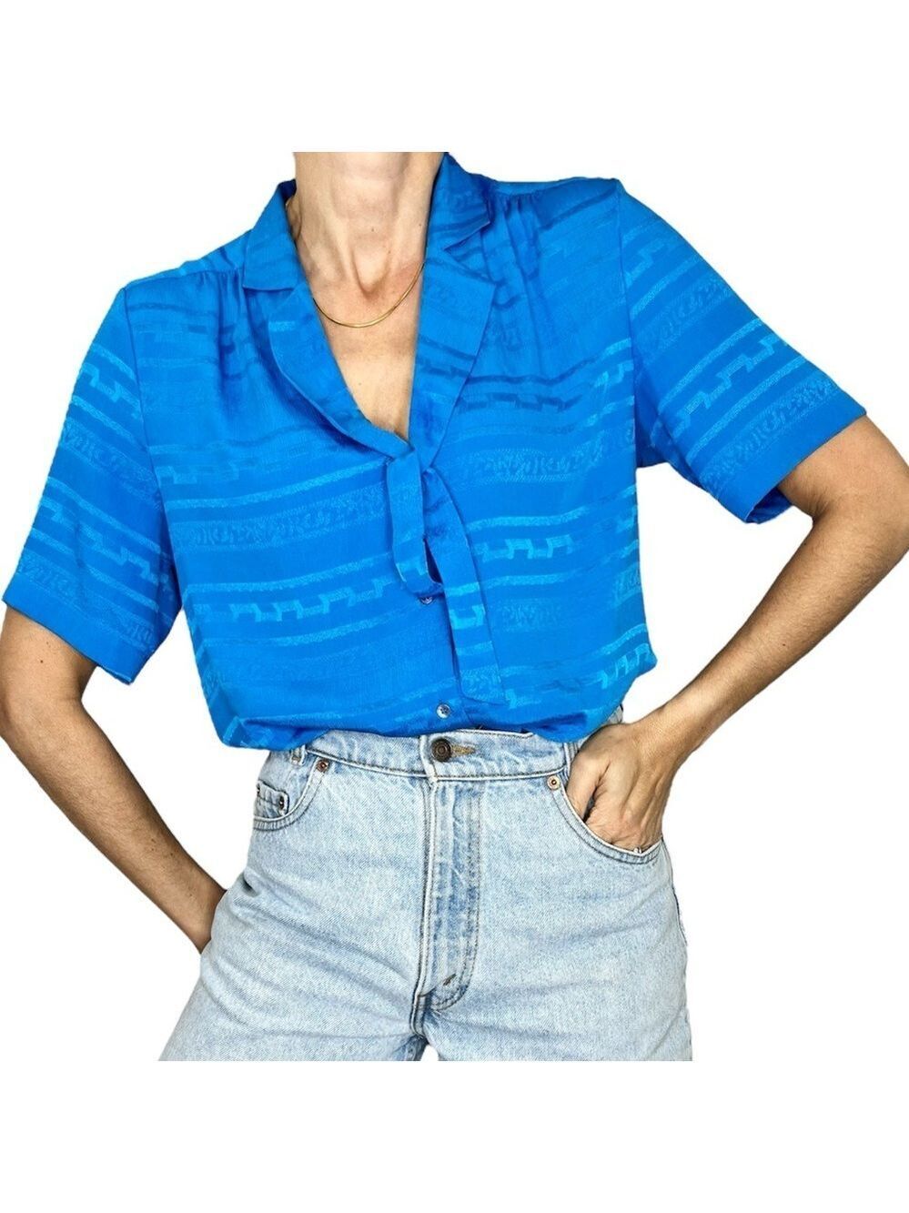 Vintage 80s 90s Eclipse Paris cobalt blue short sleeve tie neck blouse 42